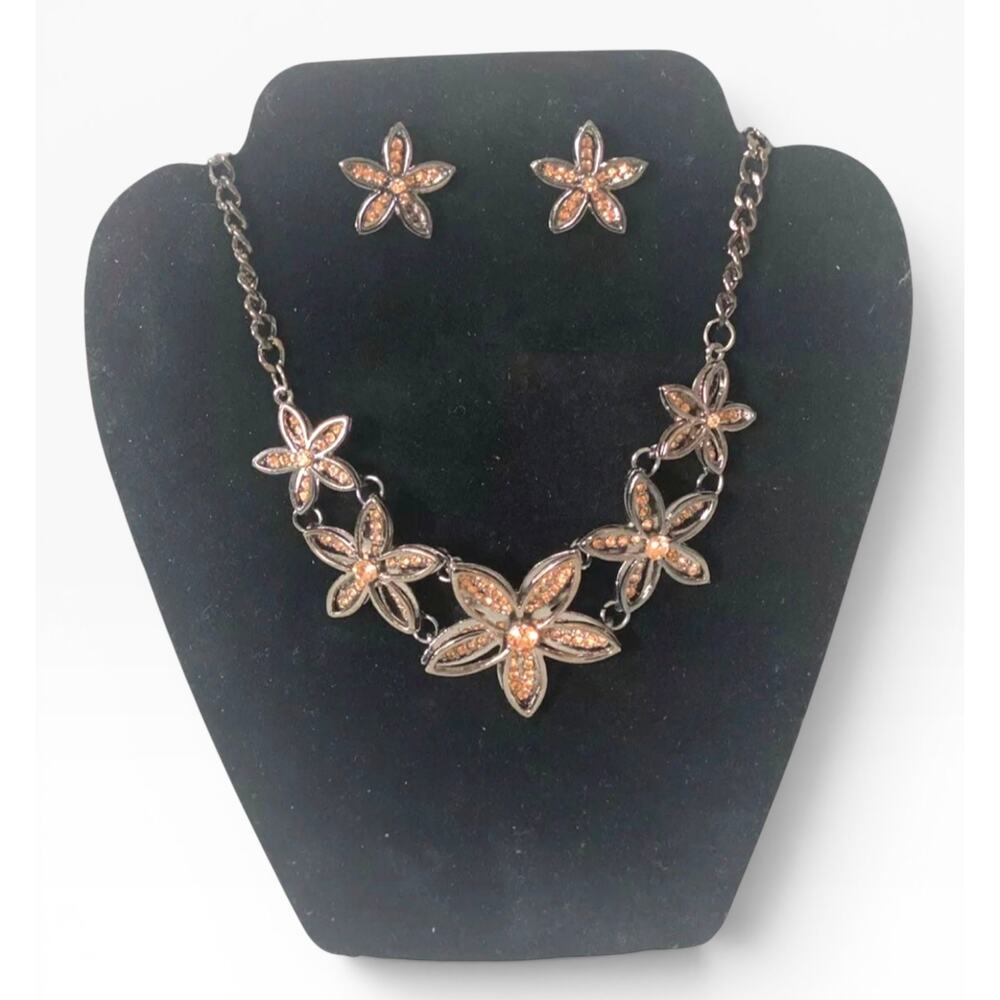 Floral Rhinestone Necklace & Earrings Set Bronze Tone Statement Jewelry